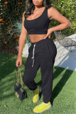 Yellow Casual Sportswear Solid Vests Pants U Neck Sleeveless Two Pieces