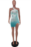 Light Green Sexy Gradual Change Print Backless Slit One Shoulder Sleeveless Dress