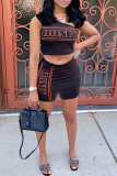 Black Sexy Casual Letter Print Backless One Shoulder Sleeveless Two Pieces
