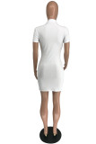 White Fashion Sexy Letter Embroidery Hollowed Out Turtleneck Short Sleeve Dress