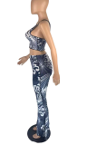 Silver Gray Sexy Print Patchwork U Neck Sleeveless Two Pieces