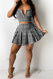 Red Sexy Plaid Patchwork V Neck Sleeveless Two Pieces