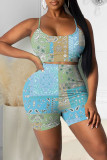 Red Casual Print Patchwork Spaghetti Strap Two Pieces