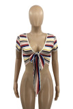 Red Fashion Casual Striped Print Bandage V Neck T-Shirts