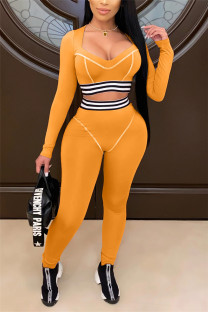 Orange Sexy Sportswear Long Sleeve V Neck Regular Sleeve Short Patchwork Two Pieces