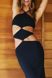 Black Sexy Solid Hollowed Out Halter Trumpet Mermaid Dresses