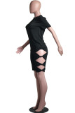 Red Casual Print Hollowed Out Asymmetrical O Neck Short Sleeve Two Pieces