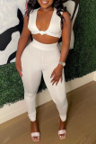 White Sexy Solid Patchwork V Neck Sleeveless Two Pieces