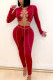 Burgundy Sexy Solid Hollowed Out Patchwork Frenulum O Neck Long Sleeve Two Pieces