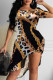 Coffee Fashion Casual Print Asymmetrical O Neck Short Sleeve Dress