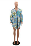 Blue Fashion Casual Print Basic Turndown Collar Shirt Dress