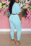 Pink Fashion Casual Solid Bandage O Neck Short Sleeve Two Pieces