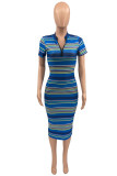 Blue Fashion Casual Striped Print Basic Zipper Collar Short Sleeve Dress