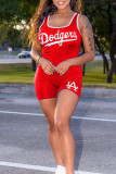 Red Casual Sportswear Letter Print Basic U Neck Regular Romper