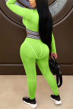 Fluorescent Green Sexy Sportswear Long Sleeve V Neck Regular Sleeve Short Patchwork Two Pieces