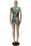 Multicolor Fashion Casual Tie Dye Printing Zipper Collar Skinny Romper