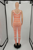 Tangerine Red Fashion Casual Striped Print Basic V Neck Skinny Jumpsuits