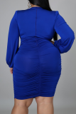 Blue Sexy Solid Split Joint V Neck Plus Size Dresses
