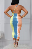 Yellow And Blue Sexy Print Patchwork Spaghetti Strap Pencil Skirt Dresses