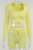 Yellow Casual Solid Patchwork Frenulum V Neck Long Sleeve Two Pieces