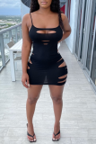 Black Sexy Solid Ripped Spaghetti Strap Pencil Skirt Dresses