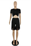 Red Fashion Casual Solid Tassel O Neck Short Sleeve Two Pieces