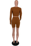 Brown Fashion Casual Solid Basic O Neck Long Sleeve Two Pieces