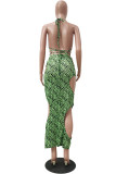 Green Fashion Sexy Print Hollowed Out Backless Swimwears Three-piece Set