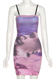 Pink Sexy Print Patchwork Spaghetti Strap Pencil Skirt Dresses