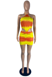 Yellow Sexy Print Hollowed Out Halter Pencil Skirt Dresses