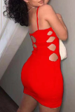 Red Sexy Solid Hollowed Out Spaghetti Strap Pencil Skirt Dresses