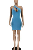 Blue Sexy Solid Hollowed Out Patchwork Asymmetrical Collar Pencil Skirt Dresses