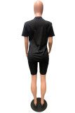 Black Fashion Casual Letter Print Basic O Neck Short Sleeve Two Pieces