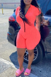 Pink Fashion Casual Solid Basic Zipper Collar Regular Romper