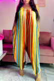 Colour Fashion Casual Striped Print Bandage Spaghetti Strap Loose Jumpsuits