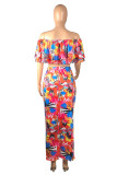 Multicolor Fashion Sexy Print Backless Off the Shoulder Short Sleeve Two Pieces