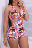 Pink Sexy Street Print Hollowed Out Patchwork Swimwears
