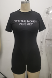 Black Fashion Casual Letter Print Basic O Neck Skinny Romper