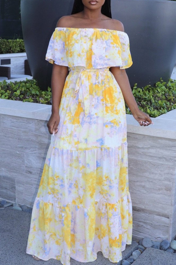 Yellow Sexy Casual Print Backless Off the Shoulder Short Sleeve Dress