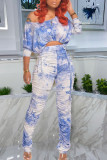 Blue Casual Print Tie Dye Fold O Neck Long Sleeve Two Pieces