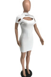 White Fashion Sexy Letter Embroidery Hollowed Out Turtleneck Short Sleeve Dress