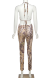 Brown Sexy Print Hollowed Out Spaghetti Strap Skinny Jumpsuits