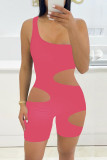 Pink Fashion Sexy Solid Hollowed Out One Shoulder Skinny Romper