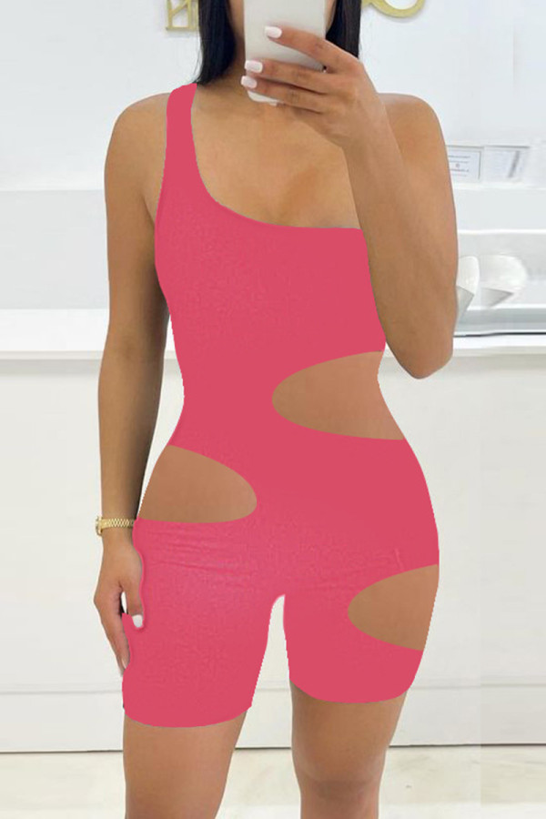 Pink Fashion Sexy Solid Hollowed Out One Shoulder Skinny Romper