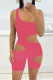 Pink Fashion Sexy Solid Hollowed Out One Shoulder Skinny Romper