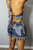 The cowboy blue Casual Print Tassel Patchwork Halter Sleeveless Two Pieces