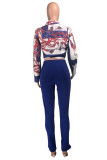 Rose Red Fashion Casual Print Bandage Slit Turndown Collar Long Sleeve Two Pieces