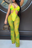 Leopard Print Sexy Patchwork Tie-dye Mesh Oblique Collar Boot Cut Jumpsuits