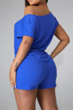 Blue Casual Solid Bandage Patchwork O Neck Short Sleeve Two Pieces