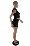Black Fashion Casual Solid Ripped Hooded Collar Sleeveless Two Pieces